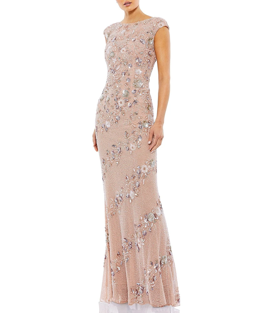 Mac Duggal Beaded Boat Neck Cap Sleeve Sheath Gown