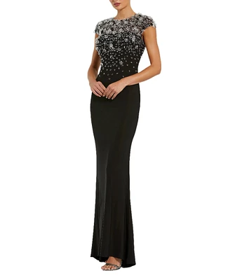 Mac Duggal Beaded Bodice Cap Sleeve Jersey Column Gown