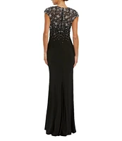 Mac Duggal Beaded Bodice Cap Sleeve Jersey Column Gown