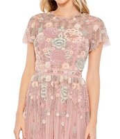 Mac Duggal Beaded Bodice Illusion Crew Neck Short Flutter Sleeve A-Line Midi Dress