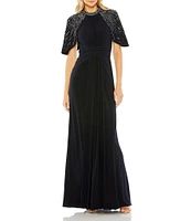 Mac Duggal Beaded Capelet Short Sleeve Ruched Waist Jersey Gown