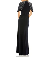 Mac Duggal Beaded Capelet Short Sleeve Ruched Waist Jersey Gown