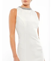 Mac Duggal Beaded Crew Neck Crepe Sleeveless Sheath Mini Dress