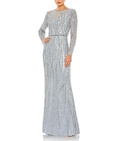 Mac Duggal Beaded Crew Neck Long Sleeve Gown