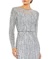 Mac Duggal Beaded Crew Neck Long Sleeve Gown