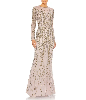 Mac Duggal Beaded Crew Neck Long Sleeve Gown