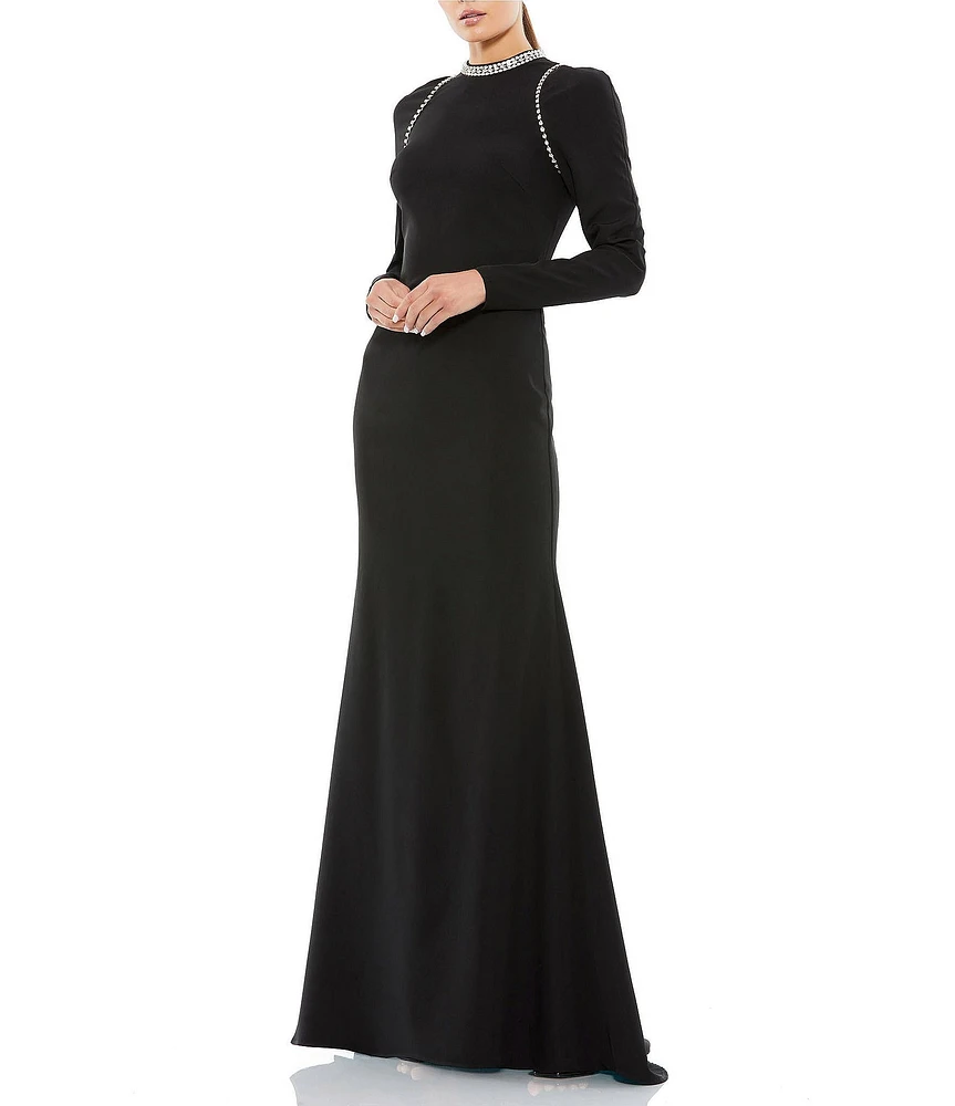 Mac Duggal Beaded Crew Neck Long Sleeve Gown