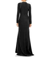 Mac Duggal Beaded Crew Neck Long Sleeve Gown