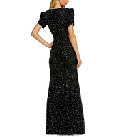 Mac Duggal Beaded Crew Neck Ruched Short Sleeve Gown