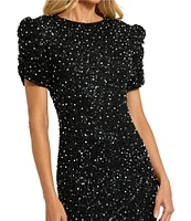 Mac Duggal Beaded Crew Neck Ruched Short Sleeve Gown