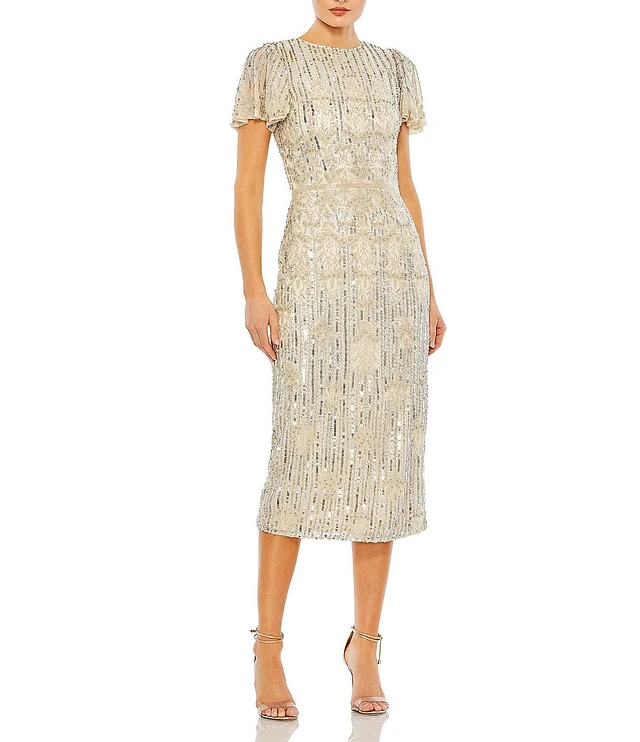 beaded floral appliqué midi sheath dress mac duggal Beige Floral Beaded Scoop Neck Midi Dress