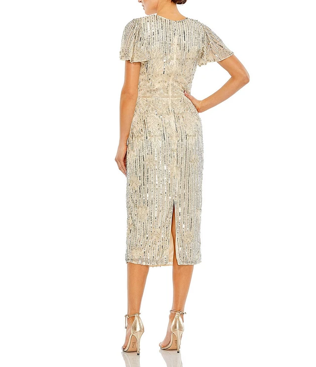 Mac Duggal Beaded Crew Neck Short Flutter Sleeve Midi Dress | Liberty Center Mac Duggal Beaded Crew Neck Short Flutter Sleeve Midi Dress | Liberty Center