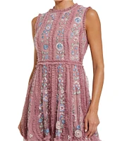 Mac Duggal Floral Beaded Crew Neck Sleeveless Dress
