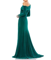 Mac Duggal Beaded Cuff Drop Shoulder Asymmetrical One Shoulder Long Sleeve Thigh High Slit Gown