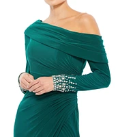 Mac Duggal Beaded Cuff Drop Shoulder Asymmetrical One Shoulder Long Sleeve Thigh High Slit Gown