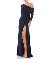 Mac Duggal Beaded Cuff Drop Shoulder Asymmetrical One Shoulder Long Sleeve Thigh High Slit Gown