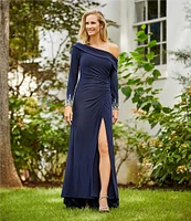 Mac Duggal Beaded Cuff Drop Shoulder Asymmetrical One Shoulder Long Sleeve Thigh High Slit Gown