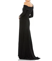 Mac Duggal Beaded Cuff Drop Shoulder Asymmetrical One Shoulder Long Sleeve Thigh High Slit Gown