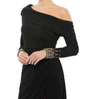 Mac Duggal Beaded Cuff Drop Shoulder Asymmetrical One Shoulder Long Sleeve Thigh High Slit Gown