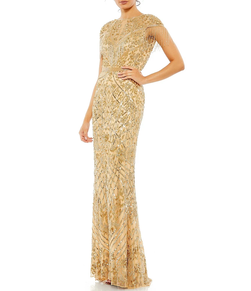 Mac Duggal Beaded Embellished Crew Neck Cap Shimmer Fringe Sleeve Sheath Gown