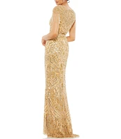 Mac Duggal Beaded Embellished Crew Neck Cap Shimmer Fringe Sleeve Sheath Gown