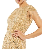 Mac Duggal Beaded Embellished Crew Neck Cap Shimmer Fringe Sleeve Sheath Gown