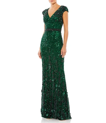 Mac Duggal Beaded Embellished Waist V-Neck Cap Sleeve Gown