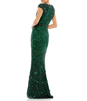 Mac Duggal Beaded Embellished Waist V-Neck Cap Sleeve Gown