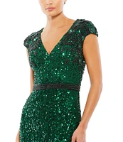 Mac Duggal Beaded Embellished Waist V-Neck Cap Sleeve Gown