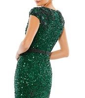 Mac Duggal Beaded Embellished Waist V-Neck Cap Sleeve Gown