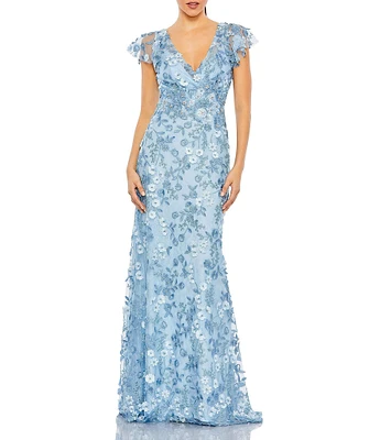 Mac Duggal Beaded Embroidered V-Neck Flutter Sleeve Gown