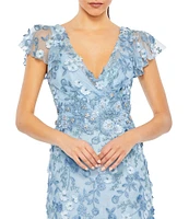 Mac Duggal Beaded Embroidered V-Neck Flutter Sleeve Gown