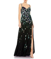 Mac Duggal Beaded Floral Thigh High Slit Sleeveless V-Neck Open Back Detail Gown