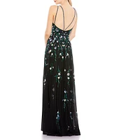 Mac Duggal Beaded Floral Thigh High Slit Sleeveless V-Neck Open Back Detail Gown