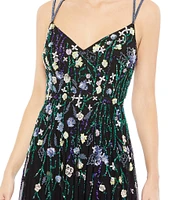 Mac Duggal Beaded Floral Thigh High Slit Sleeveless V-Neck Open Back Detail Gown