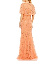 Mac Duggal Beaded Floral Illusion Short Cape Sleeve Sheath Gown