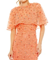 Mac Duggal Beaded Floral Illusion Short Cape Sleeve Sheath Gown
