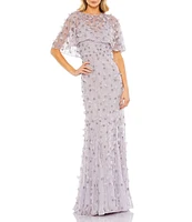 Mac Duggal Beaded Floral Illusion Short Cape Sleeve Sheath Gown