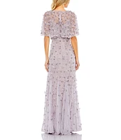 Mac Duggal Beaded Floral Illusion Short Cape Sleeve Sheath Gown