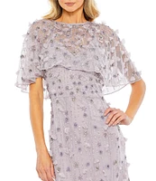 Mac Duggal Beaded Floral Illusion Short Cape Sleeve Sheath Gown