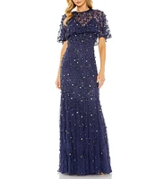 Mac Duggal Beaded Floral Illusion Short Cape Sleeve Sheath Gown