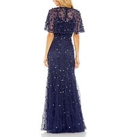 Mac Duggal Beaded Floral Illusion Short Cape Sleeve Sheath Gown