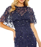 Mac Duggal Beaded Floral Illusion Short Cape Sleeve Sheath Gown