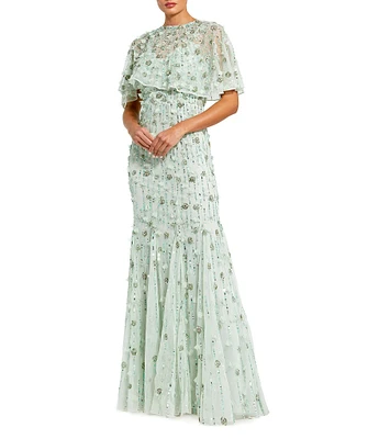 Mac Duggal Beaded Floral Illusion Short Cape Sleeve Sheath Gown