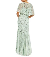 Mac Duggal Beaded Floral Illusion Short Cape Sleeve Sheath Gown