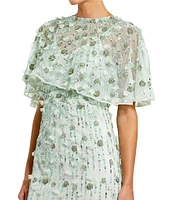 Mac Duggal Beaded Floral Illusion Short Cape Sleeve Sheath Gown