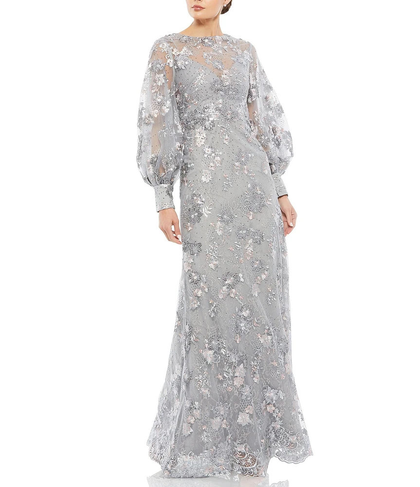 Mac Duggal Beaded Illusion Crew Neck Long Bishop Sleeve Gown