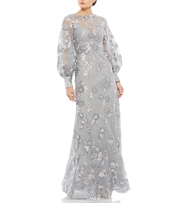 Mac Duggal Beaded Illusion Crew Neck Long Bishop Sleeve Gown