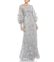 Mac Duggal Beaded Illusion Crew Neck Long Bishop Sleeve Gown