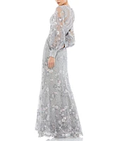 Mac Duggal Beaded Illusion Crew Neck Long Bishop Sleeve Gown